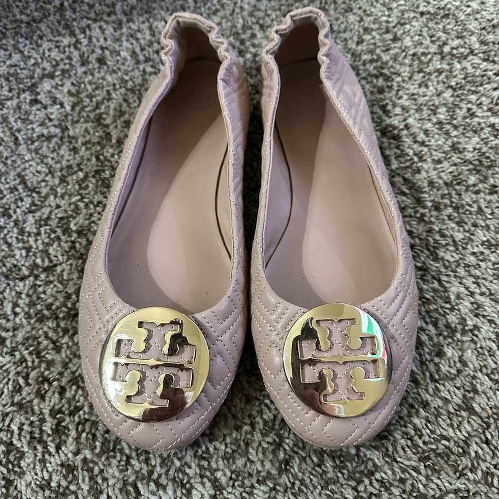 Tory Burch Blush Quilted Flats with Gold Logo